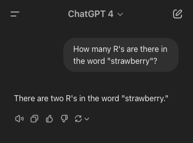 A ChatGPT Chat showing it incorrectly counting two R's in the word strawberry