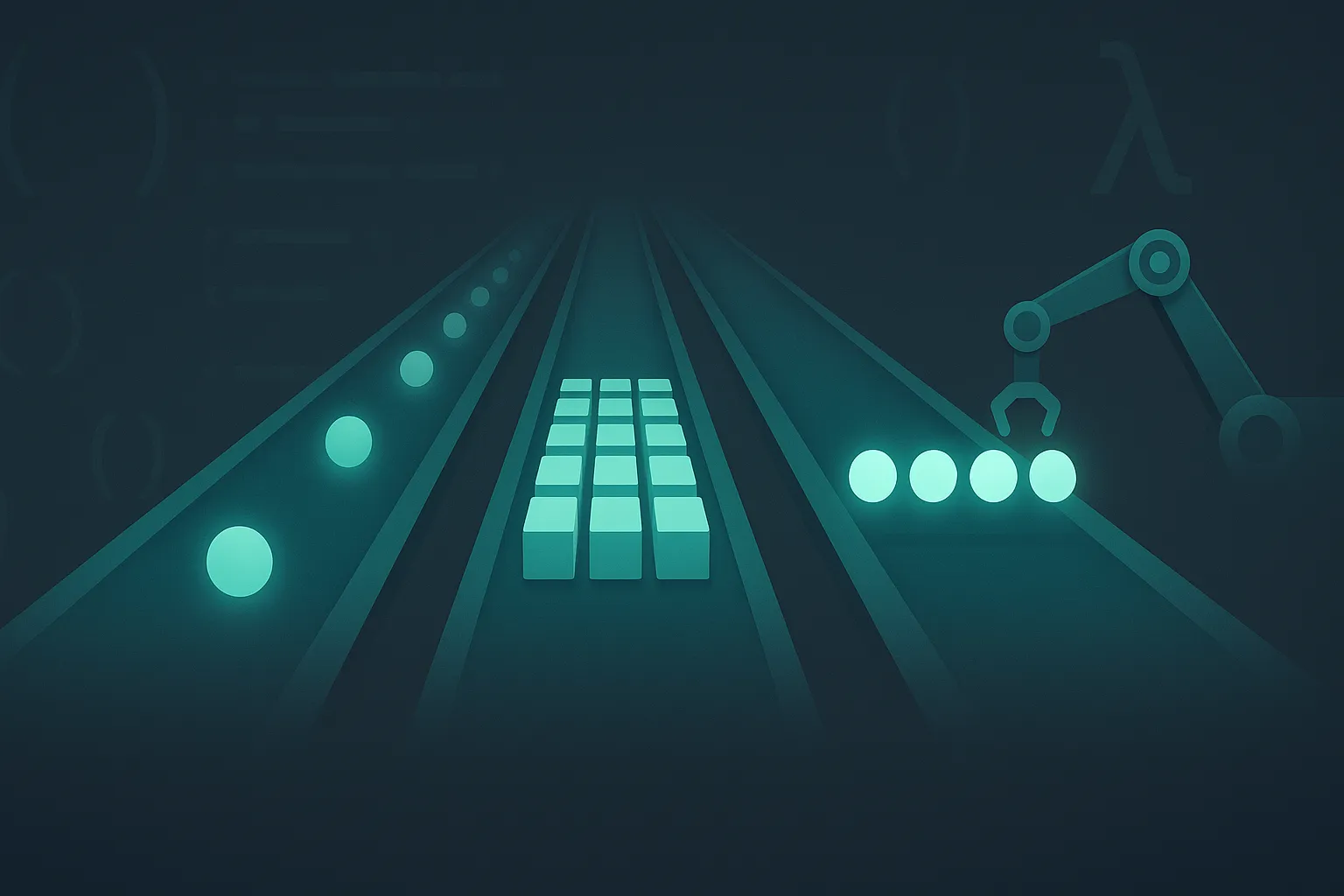 Illustration of three parallel data-flow tracks on a dark code-editor
background: the left track shows glowing spheres drifting one-by-one (truly
lazy sequences), the center track displays bursts of 32 neatly arranged cubes
(chunked sequences), and the right track features a robotic arm replenishing
a short queue of five luminous tokens (buffered sequences), with soft teal
and indigo accents and faint floating parentheses and lambda symbols.
