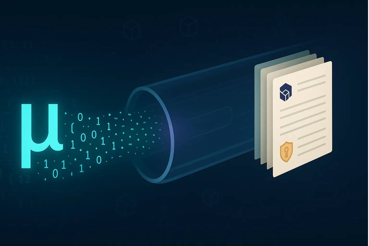 Illustration showing data logs flowing from a glowing Greek μ symbol through
a transparent observability pipeline and transforming into AWS policy documents
stamped with Terraform and IAM icons, set on a dark command-line themed
background with cloud-native glyphs.
