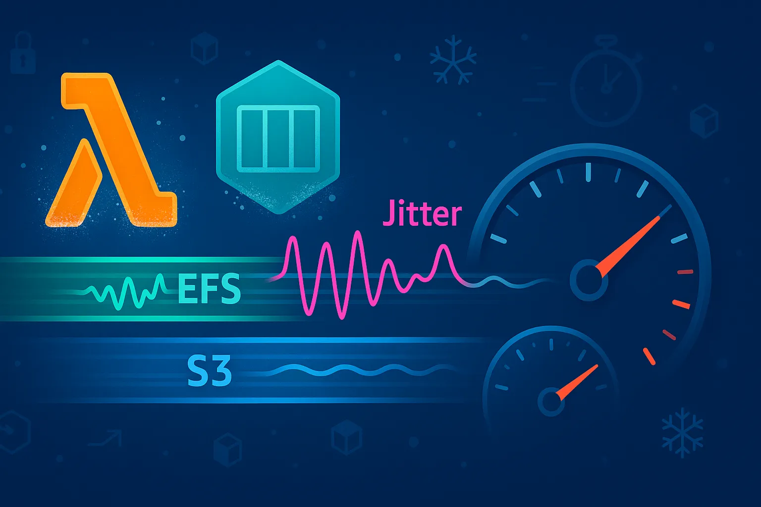 Illustration comparing AWS Lambda and AWS Fargate cold-start performance with
EFS and S3. On a deep-space blue backdrop, an orange Lambda icon and teal
Fargate icon float on the left with frost-like effects, symbolizing cold starts.
In the center, two labeled data pipes—EFS in emerald and S3 in sapphire—show
throughput bars. The EFS bar flickers with jagged oscillations, overlaid by a
neon magenta jitter graph with sharp peaks. The S3 bar flows smoothly with
gentle waves. On the right, performance dials show EFS fluctuating in red and
S3 steady in green. Background icons hint at scalability, security, and
cloud-native architecture.
