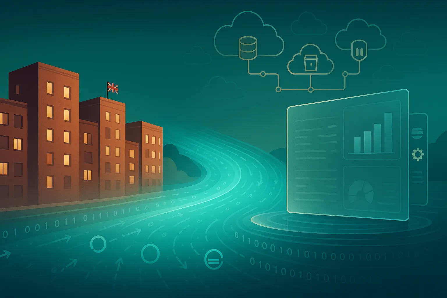 A 16:9 digital illustration blending UK housing and data themes. Left: glowing
mid-rise apartments with a UK flag. Center: a turquoise data river flows into
a transparent lake filled with binary and cloud symbols. Right: a sleek,
text-free analytics dashboard shows charts and gauges. Cloud icons above
represent AWS services, connected by golden pipelines. Modern flat style with
soft glows and motion blur.
