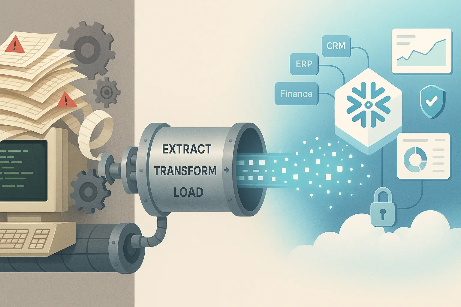 A flat-style illustration showing outdated spreadsheets and a legacy computer
feeding data into an ETL pipeline, which transforms it into clean data flowing
into a secure Snowflake data warehouse with connected CRM, ERP, and dashboards.
